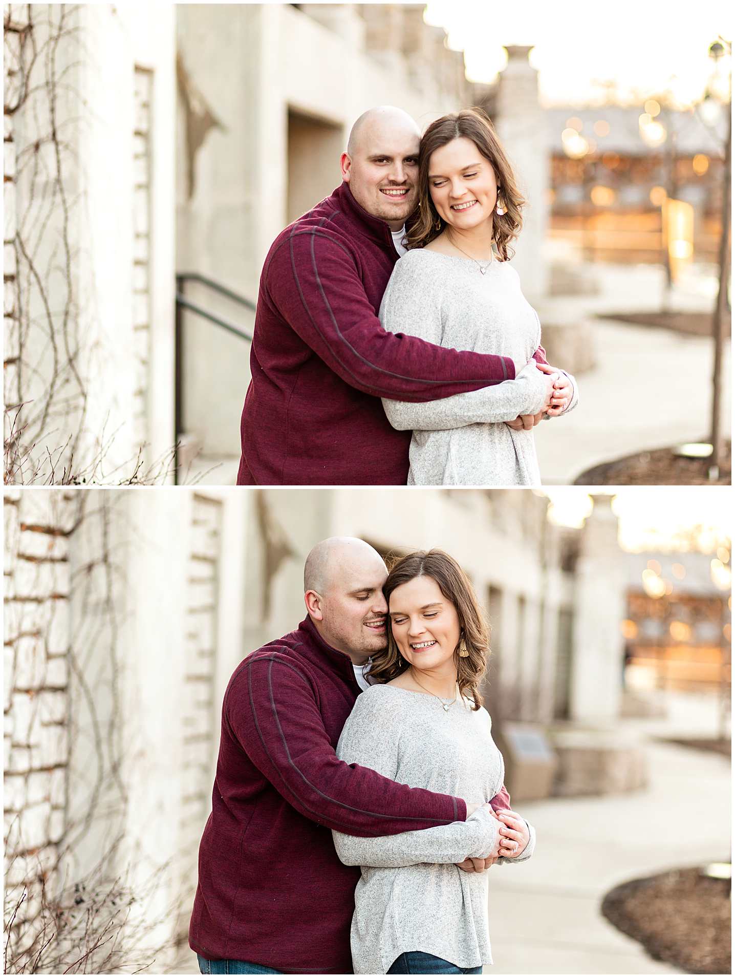 Downtown Naperville Illinois White Rock Engagement Photos-Riverwalk Laughing Engagement Photos