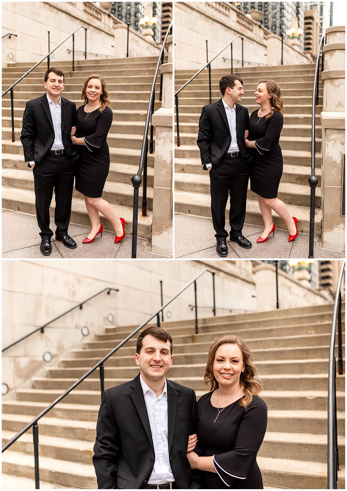 Spring Engagement Photos on Chicago Riverwalk Stairs, Formal Engagement
