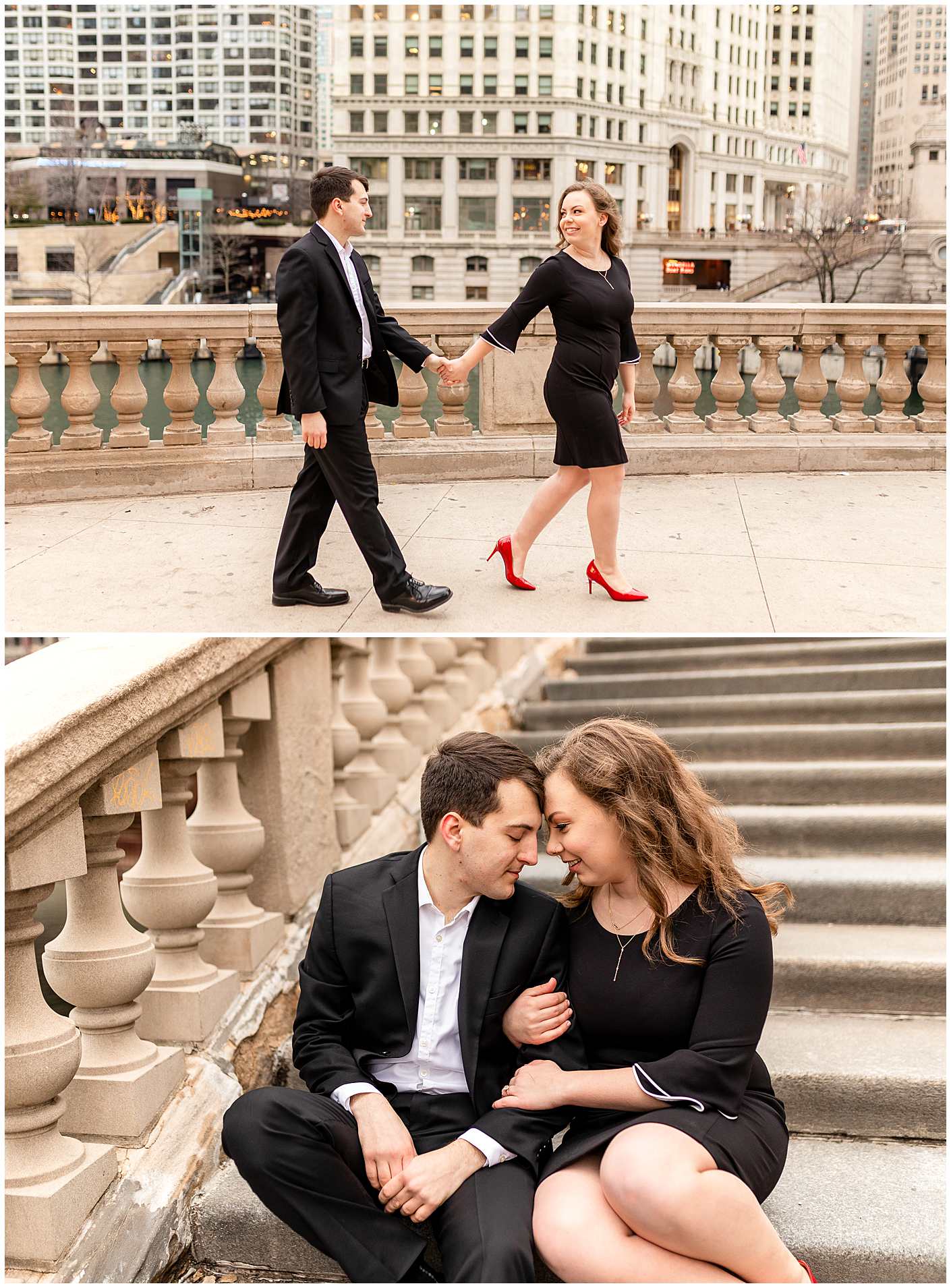 Spring Engagement Photos on Chicago Riverwalk Stairs, Formal Engagement