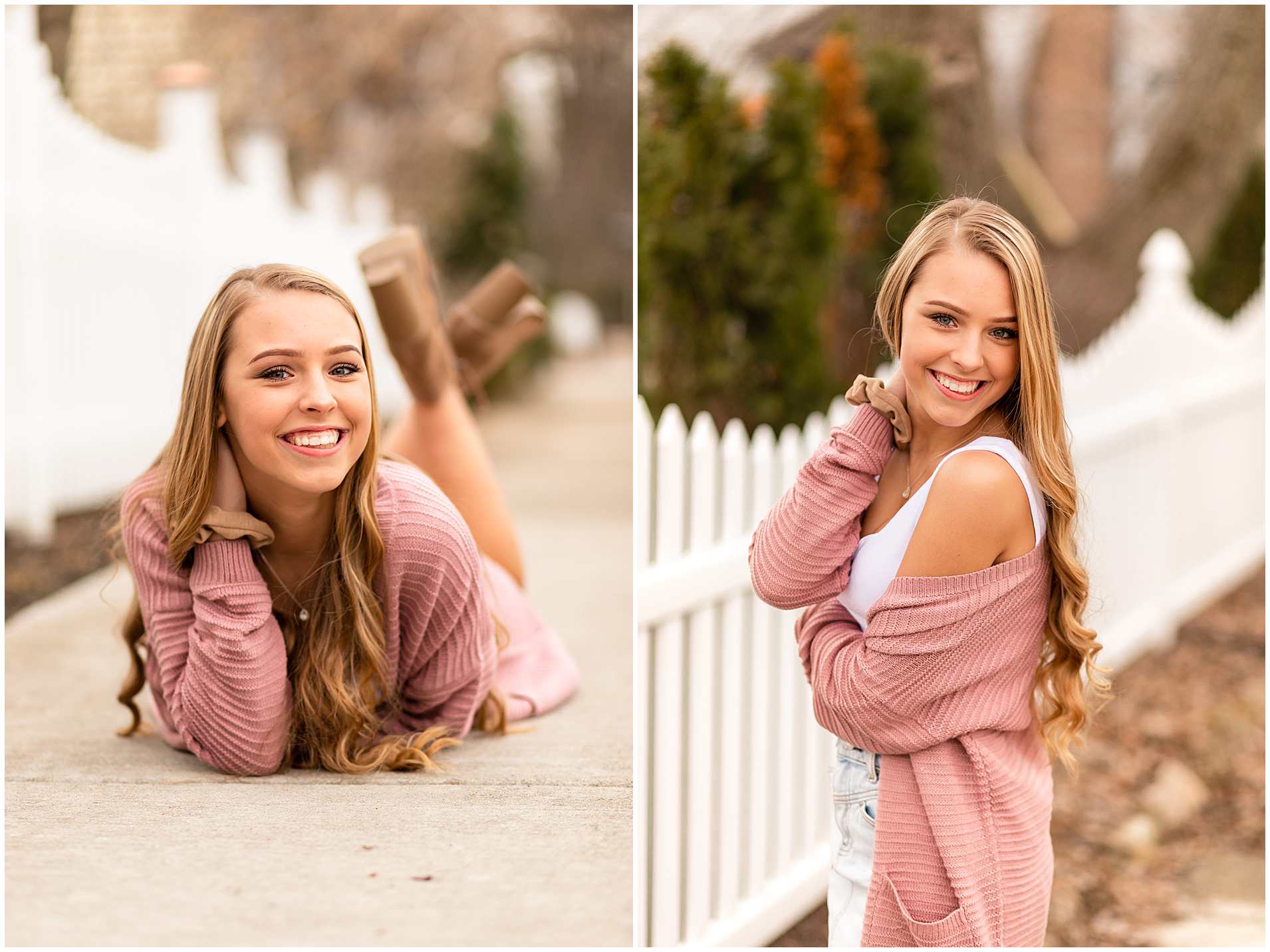 Spring Senior Photos in Downtown Frankfort IL, White Picket Fence Senior Pictures, Laying down senior pictures