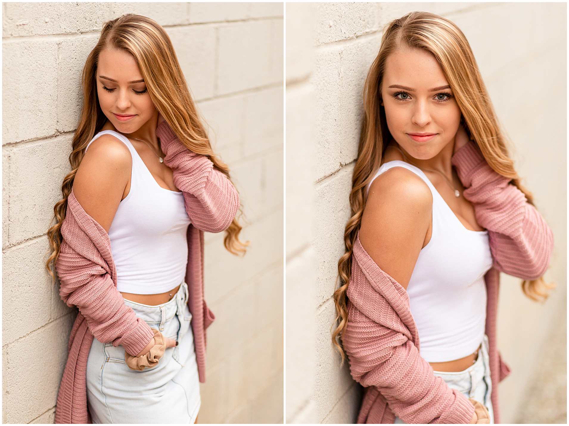 Frankfort Illinois Senior Photos by white wall, Illinois Spring Senior Pictures